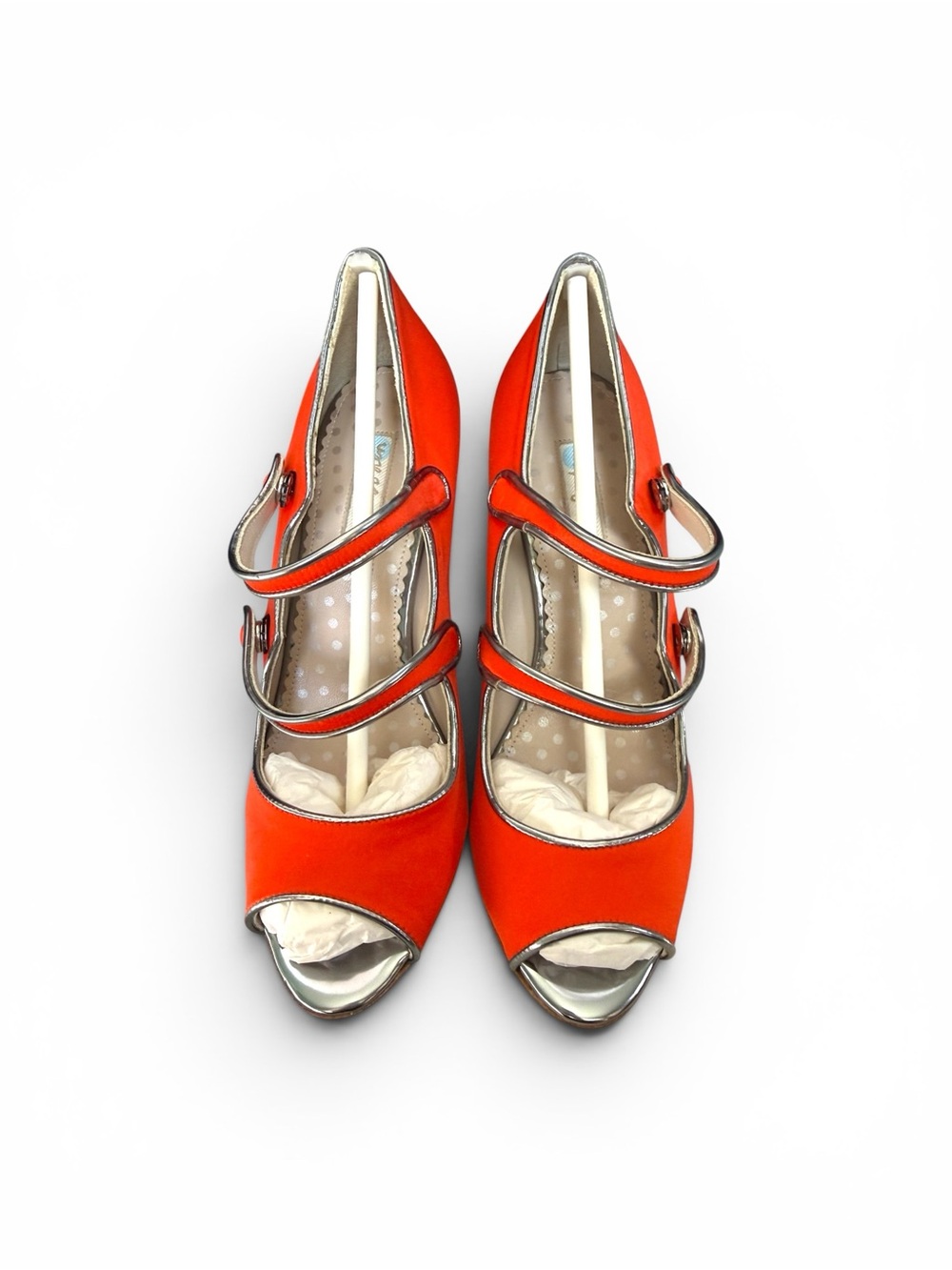 NWOT Boden Orange Double-Strap Peep-Toe Heels with Metallic Trim - Picture 4 of 7